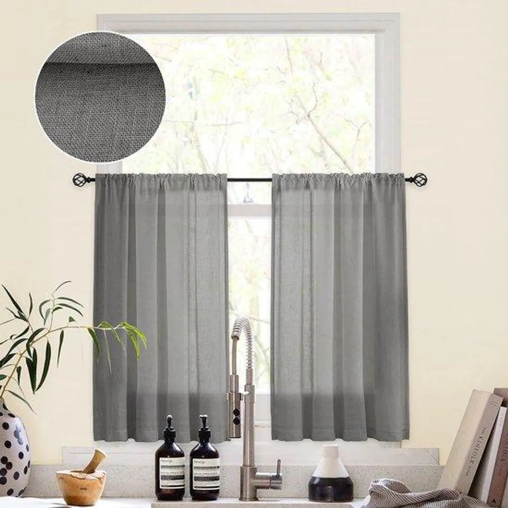 Rideau de cuisine en lin gris 90 x 60 cm lot de 2 pour vitrage court
