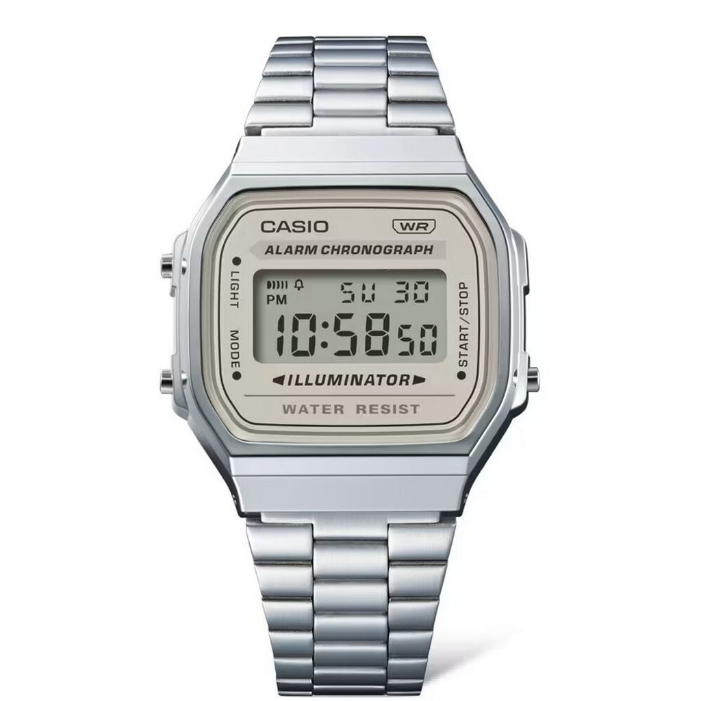 A silver Casio digital watch with a metal band is shown against a white background.