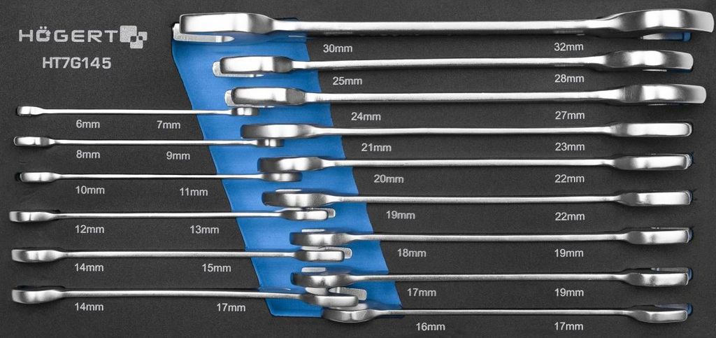 HÖGERT TECHNIK - Doppel-Gabelschlüsselsatz, Malüsselsatz, Werkzeugkasteneinsatz, Maulschlüssel 15-teilig, Chrom-Vanadium-Stahl