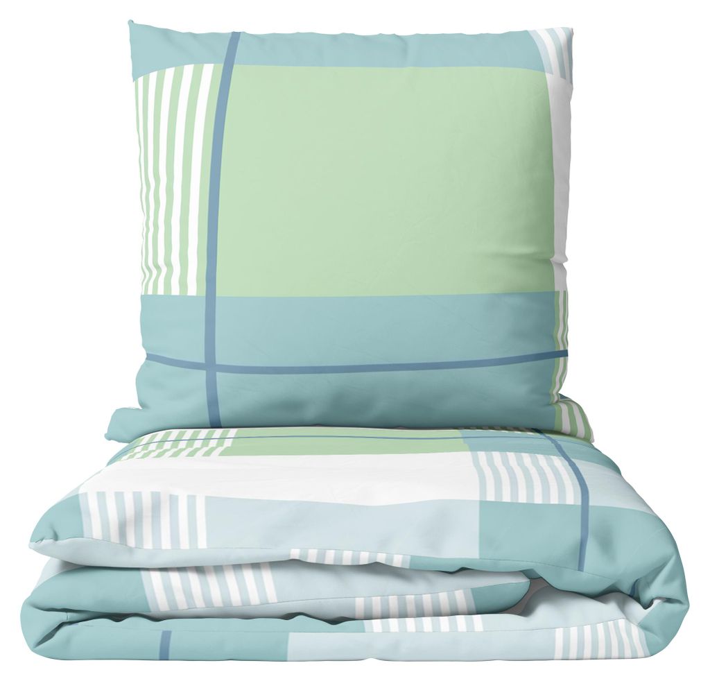 Feinbiber Bettwäsche Set 155x220 cm Streifen Grün Blau Weiß Produktbild 