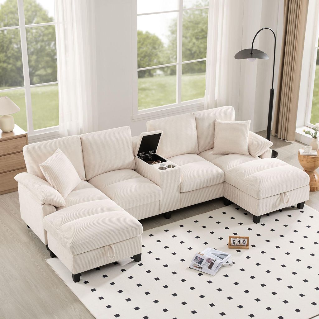 Merax 4-Sitzer U-förmiges Ecksofa, mit Bettkasten, Stauraum, Getränkehaltern, USB, Kissen, Modulares Sofa, Cordbezug, Couch, Couchgarnitur, Beige