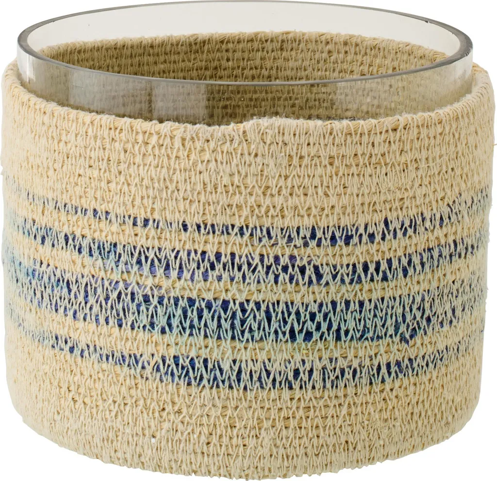 Photophore rayé bleu en jonc de mer naturel - Design Artisanal J-Line