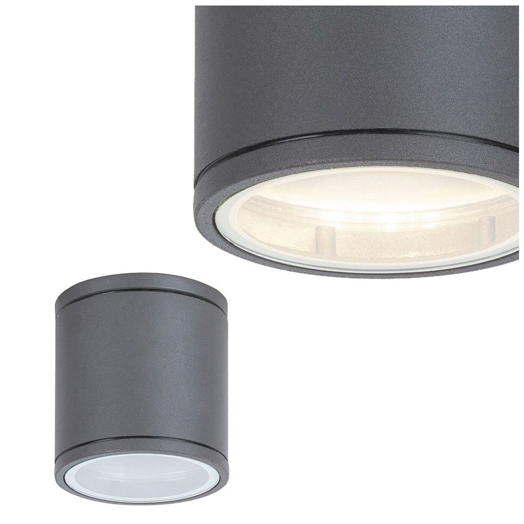 Two views of a cylindrical outdoor ceiling light fixture against a white background.