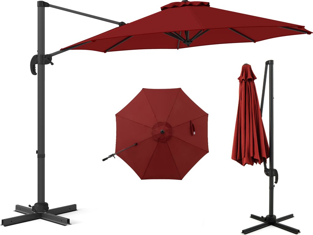 COSTWAY Sonnenschirm 300x300cm, Ampelschirm mit Kurbel, Gartenschirm neigbar, 360° drehbar, großer Terrassenschirm, runder Marktschirm Rot