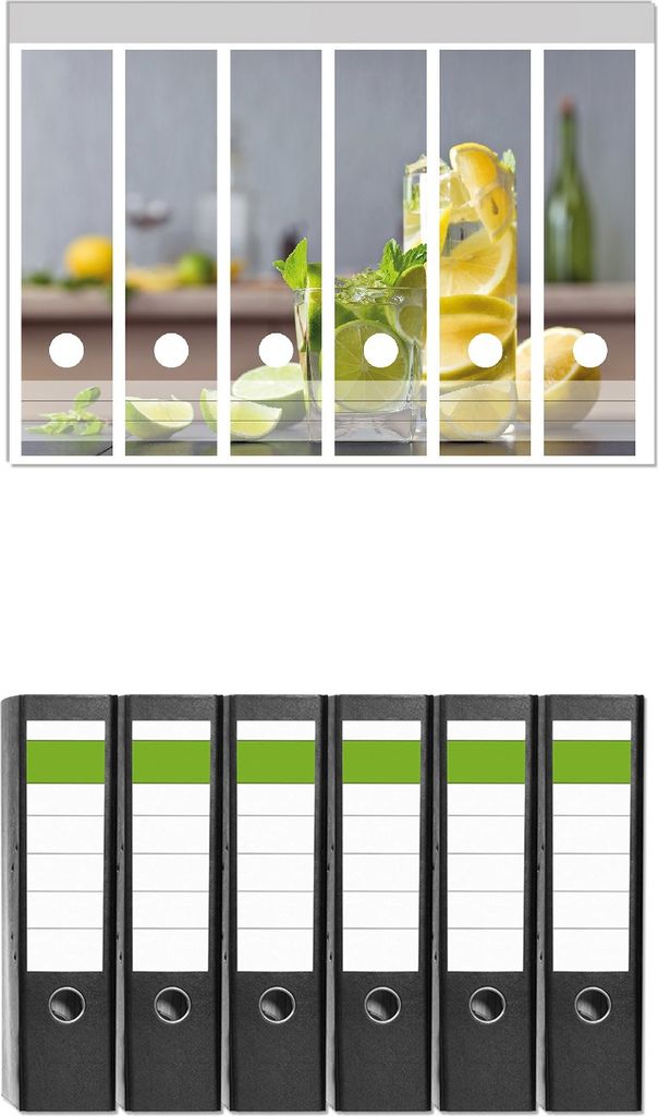 Wallario 6 Stück breite Ordner inkl. Klebeetiketten mit Motive Cocktails mit Limetten und Zitronen - Set mit Rückenschildern / Ordnerrücken Stic...