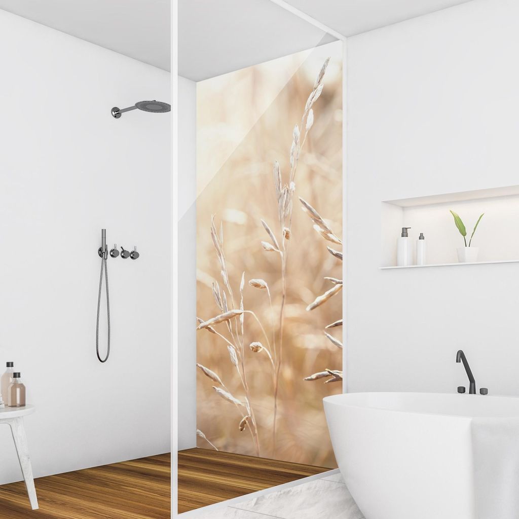 Duschrückwand mit Motiv selbstklebend - 0.61 mm Wandpaneel wasserfest Gräser beige Landhaus Badrückwand fugenlos Premium matt 110x210 cm