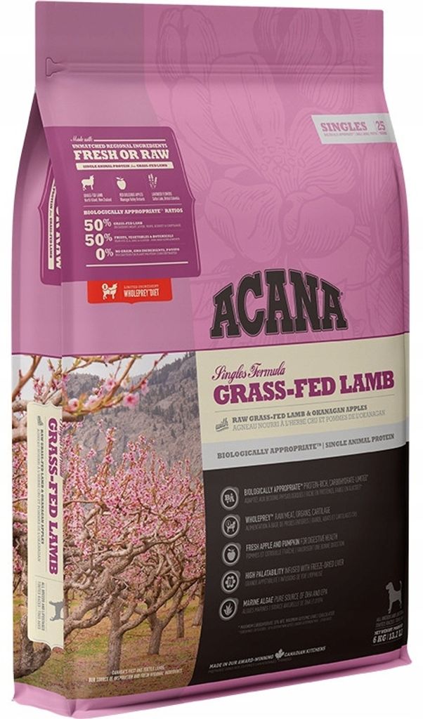 A bag of ACANA Singles Grass-Fed Lamb dog food.