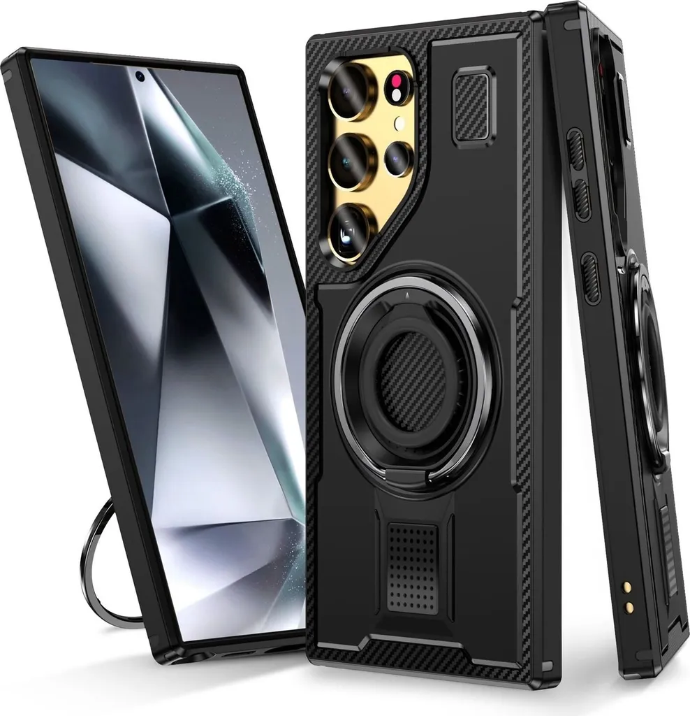 Custodia Ibrida Samsung S25 Ultra 5G - Carbon Fiber Ring Stand Nero