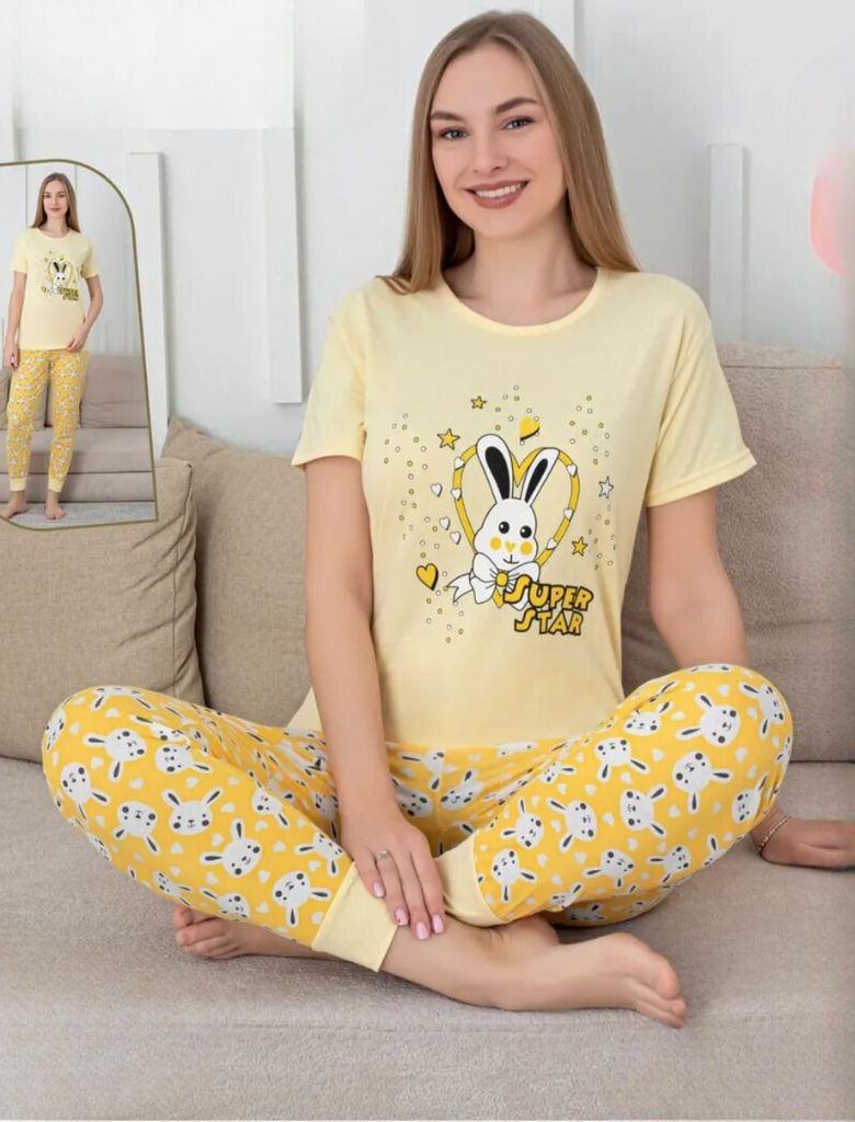 Damen Pyjama Schlafanzug Gelb XXL Kurz 2-Teiler Set C-86 Produktbild 