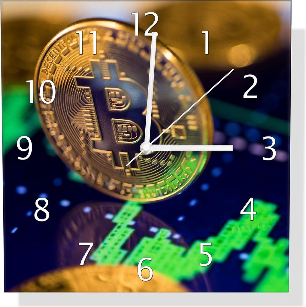 Wallario Design Wanduhr Bitcoin im Marktgeschehen aus Echtglas, Größe 30 x 30 cm