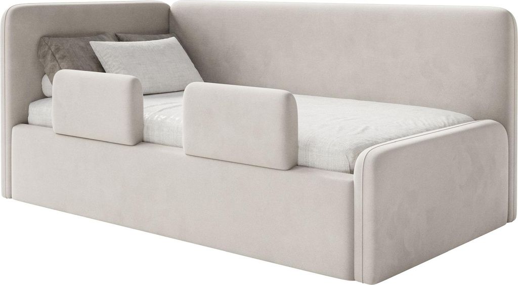 Selsey Fanko – Kinderbett 90x200 cm mit Rausfallschutz, Matratze, Kopfteil links, Samt, Hellbeige
