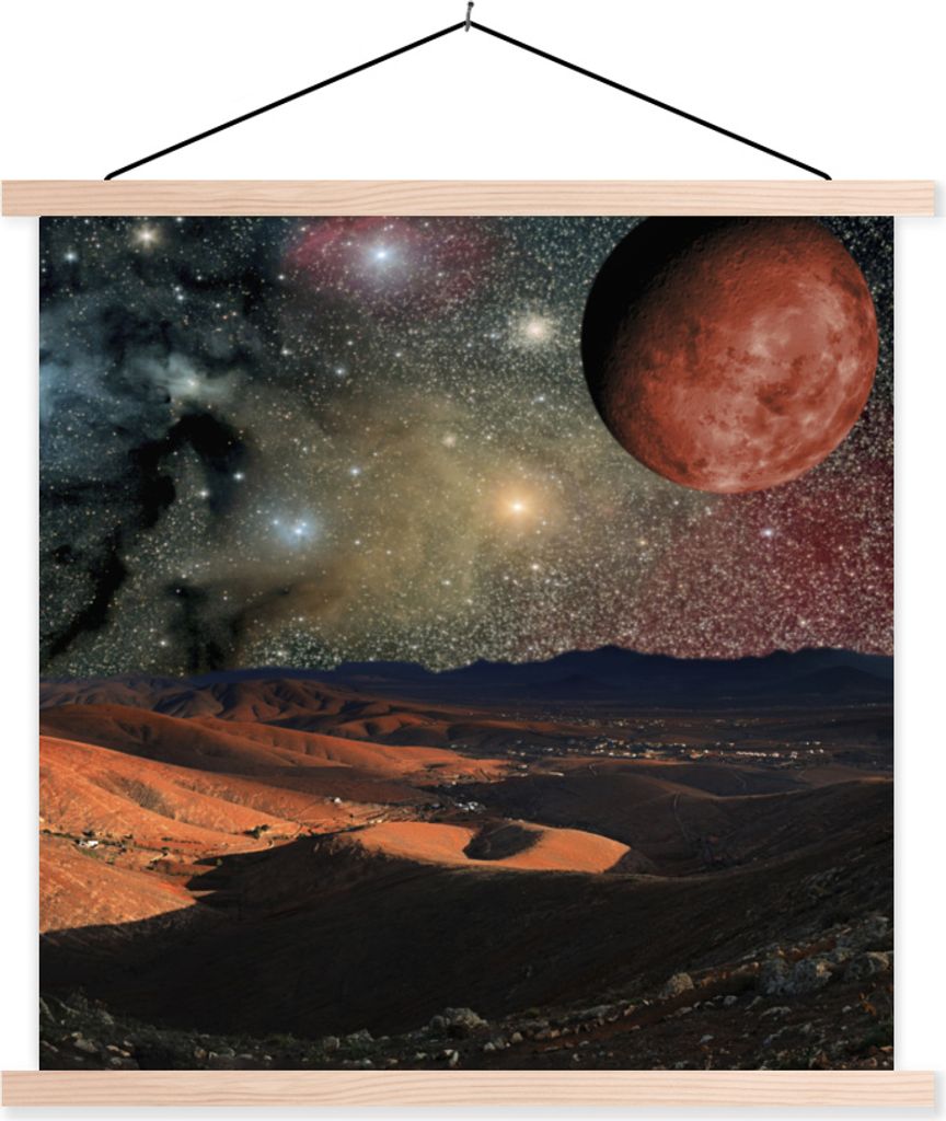 MuchoWow Textilposter Eine Illustration einer Planetenoberfläche mit Sternen und Planeten 60x60 cm mit holzfarbenen Rahmen - Wanddekoration