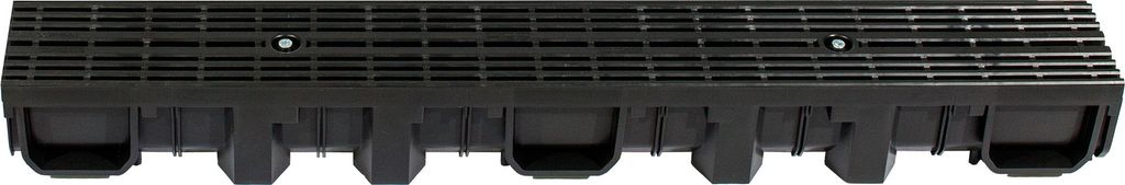 A black drainage channel with a grate on top and legs underneath, shown from the front.