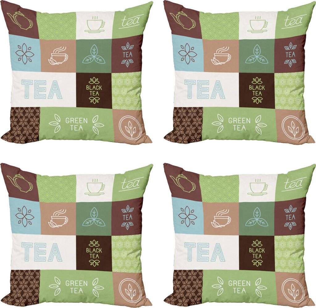 ABAKUHAUS Tee-Party Kissenbezug Set (4 Stück), Bilder Checkered Tea, Moderner Doppelseitiger Digitaldruck, 45 cm x 45 cm, Grün Braun Blau