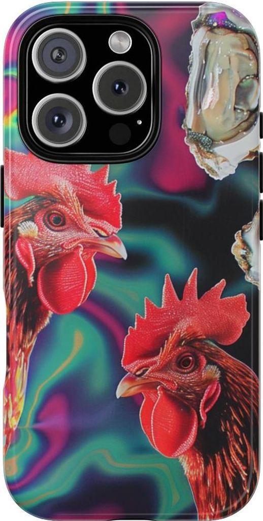 Leuchtende Hähne und Austern auf schimmerndem Perlmutt-Hintergrund – Hülle Kompatibel mit iPhone 16 Pro