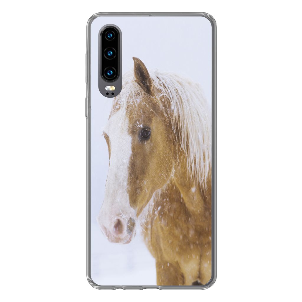 MuchoWow Handyhülle Schutzhülle Hülle für Huawei P30 Pferd - Schnee - Winter Silikon Softcase Handy Hülle - Kartenbesitzer