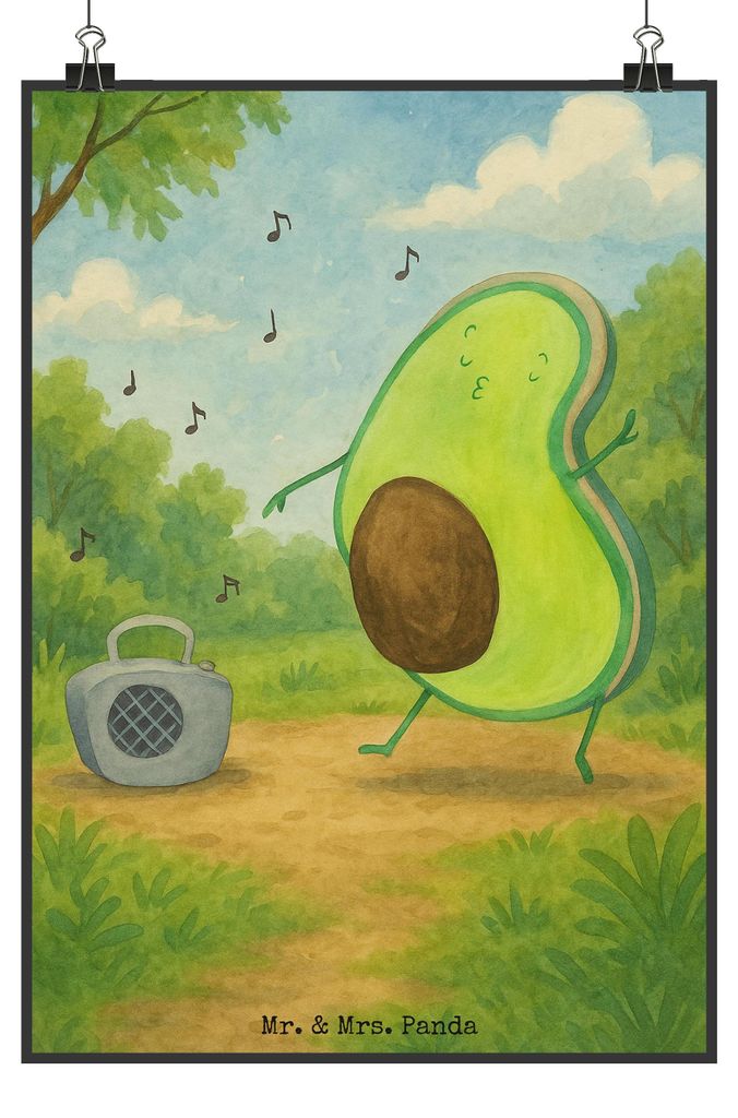 Mr. & Mrs. Panda Bild Avocado Tanzen Design DIN A4 - Weiß - Geschenk, Wanddekoration, Musik, Singen, wanddruck, Party, drucke, wanddeko, Fröhlich...