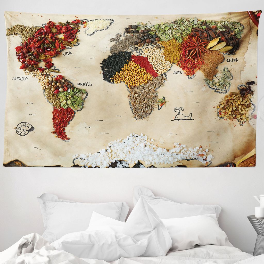 ABAKUHAUS Weltkarte Wandteppich, Boho Lebensmittel aus Weiches Mikrofaser Stoff Waschbar ohne Verblassen Digitaldruck, 230 x 140 cm, Mehrfarbig