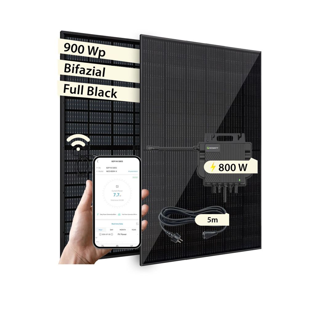 VALE Balkonkraftwerk 900 Wp Komplettset Bifazial | Growatt Neo 800M-X 800W Wechselrichter, 5m AC-Kabel | 2x 450Wp Full-Black, WiFi