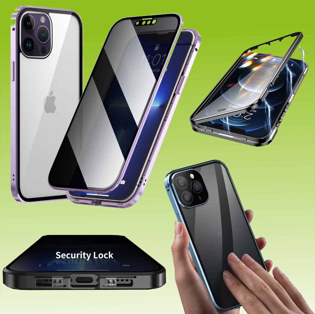 Für Apple iPhone 14 Pro Handy Tasche Beidseitiger Magnet Glas Bumper Privacy Neu