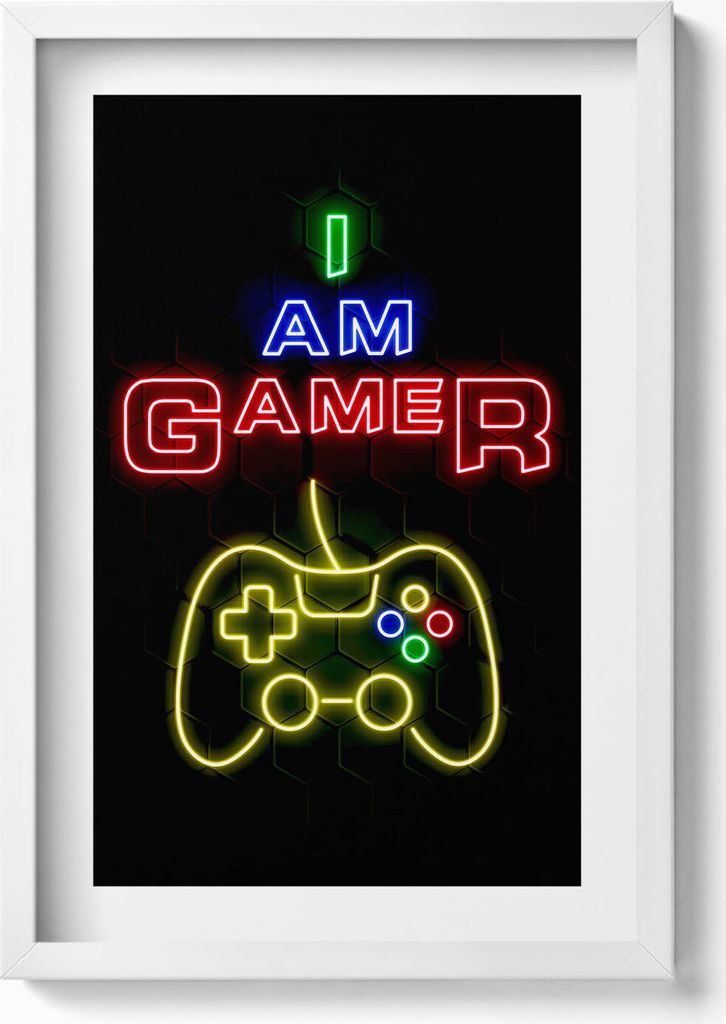 Neon-Schriftzug für einen Gamer „Ich bin ein Gamer“.– Wandbild mit Rahmen – Gerahmtes Bild – Wanddekoration – 40x60 cm – Weiß