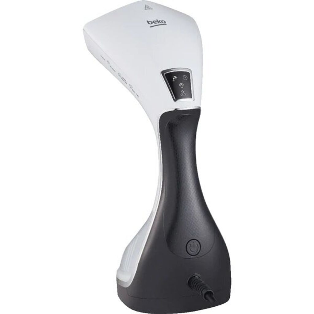 A white and black handheld garment steamer on a white background.