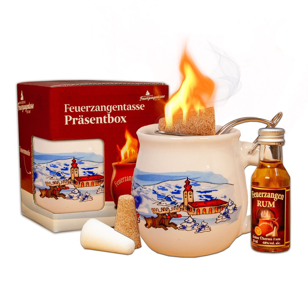 Feuerzangentasse 1er-Set | weiß/Weihnachten | mit Rum | Feuerzangenbowle-Set | Präsentbox