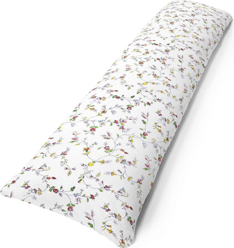 A long, floral-patterned pillow is shown diagonally against a white background.