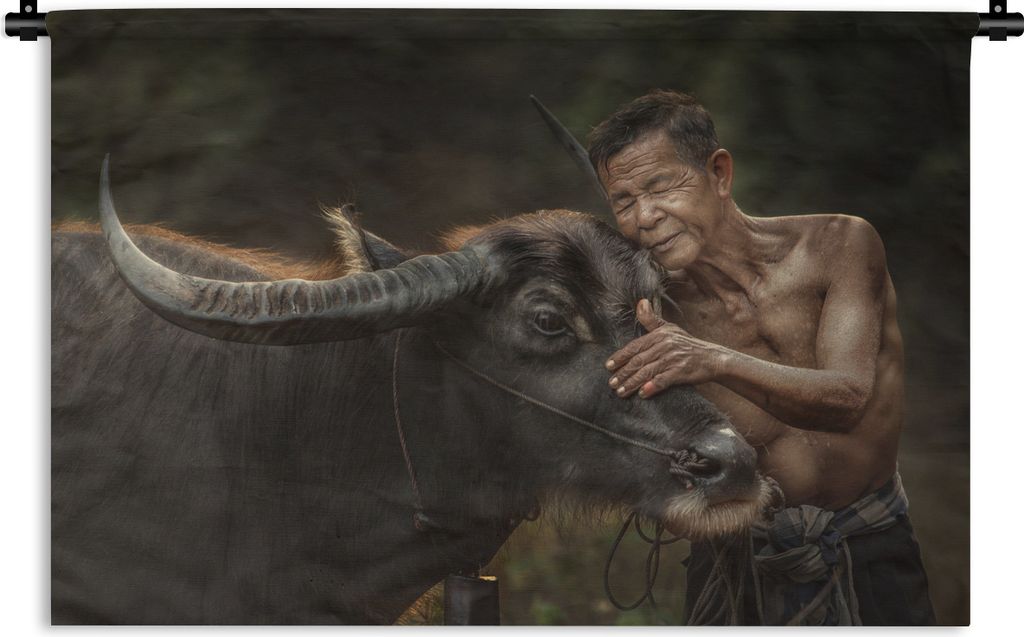MuchoWow Wandteppich Wandbehang Kuh - Mensch - Seil 150x100 cm Tapisserie Dekoration Wandtuch - Waschbar - Tapisserien - Wand-Decke