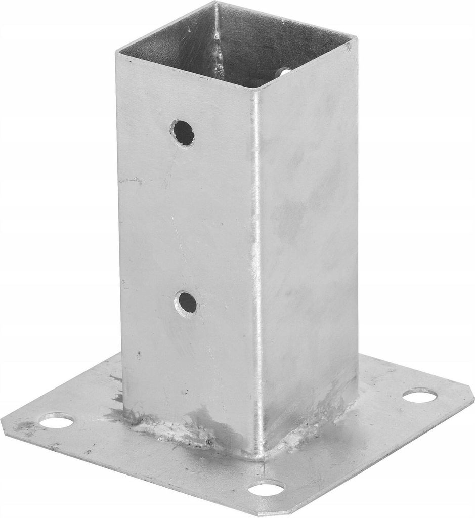 A silver metal post anchor with a square opening and a flat base with four holes.