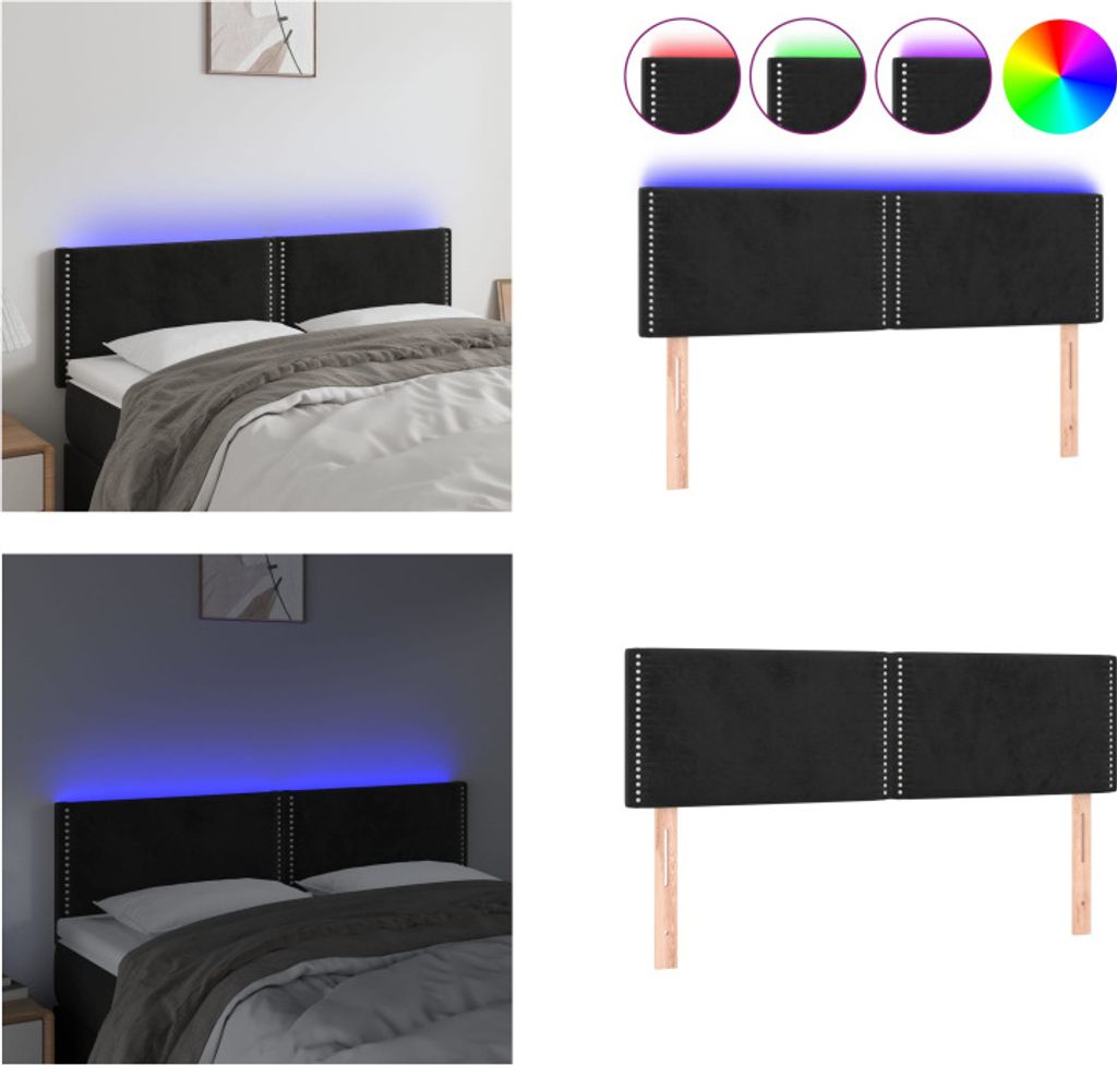 vidaXL LED Kopfteil Schwarz 144x5x78/88 cm Samt - LED Kopfteil - LED Kopfteile - Kopfteil - Bett-Kopfteil