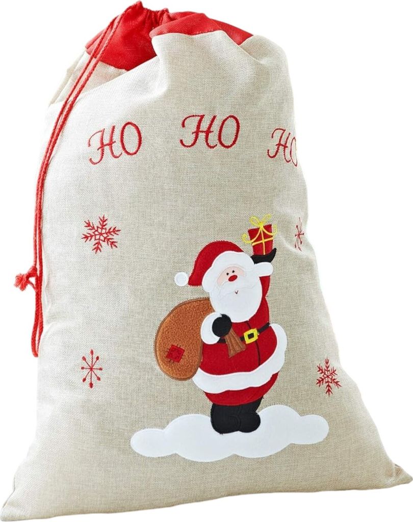 Weihnachts-Jute-Geschenkbeutel mit Kordelzug – bestickter Produktbild 1
