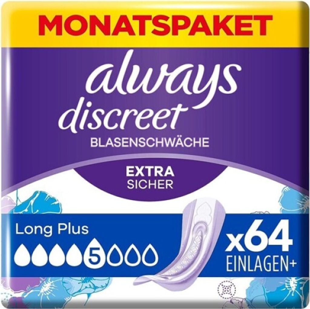 Packaging for Always Discreet incontinence pads.