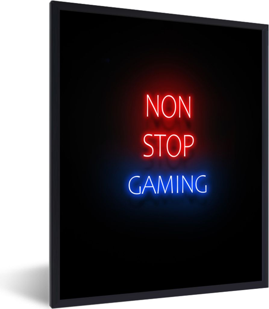 MuchoWow Gerahmtes Poster Text - Spiele - Nonstop-Spiele - Neon - Schwarz 30x40 cm - Poster mit Schwarzem Bilderrahmen Wandposter Rahmen Foto Bil...