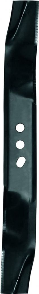 A close-up, vertical shot of a black lawnmower blade with three oval holes in the center.