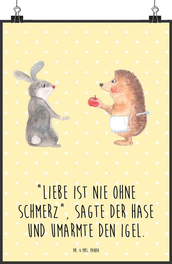 Mr. & Mrs. Panda Bild Hase Igel DIN A2 - Gelb Pastell - Geschenk, Trösten, drucke, Trennungsschmerz, Wanddekoration, Wandbild, Herzschmerz, Poster...