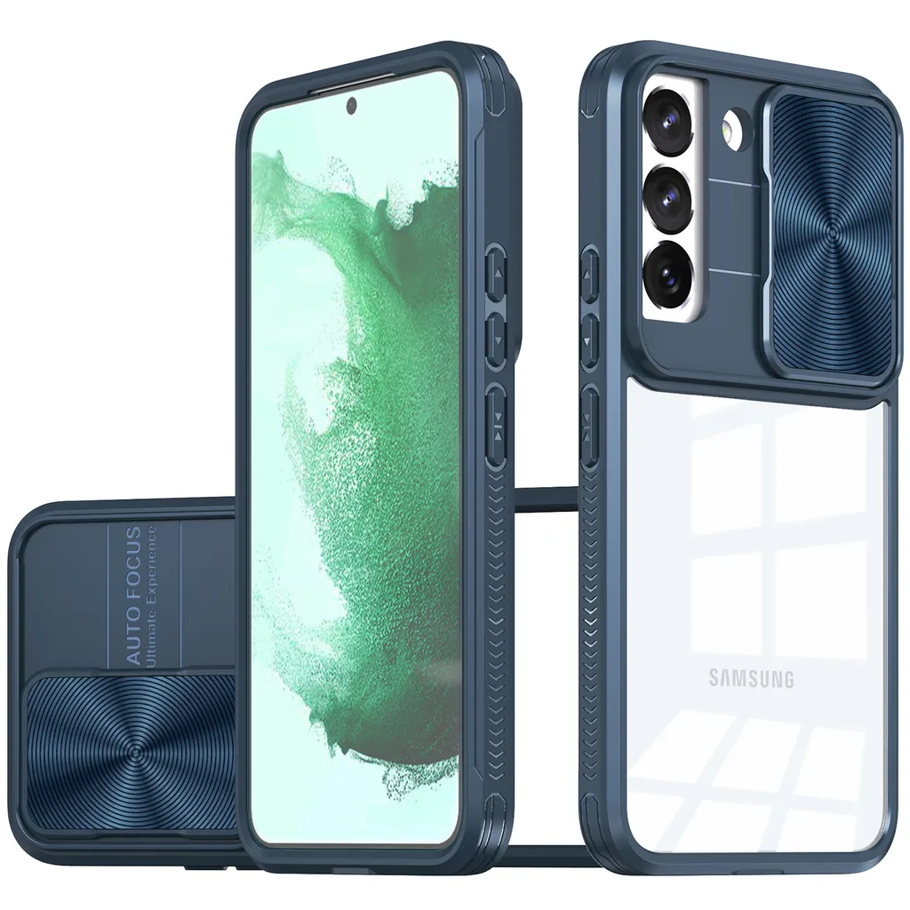 Custodia Galaxy S22 5G, Custodia ibrida in TPU trasparente con copertura scorrevole per fotocamera Samsung Galaxy S22 5G blu