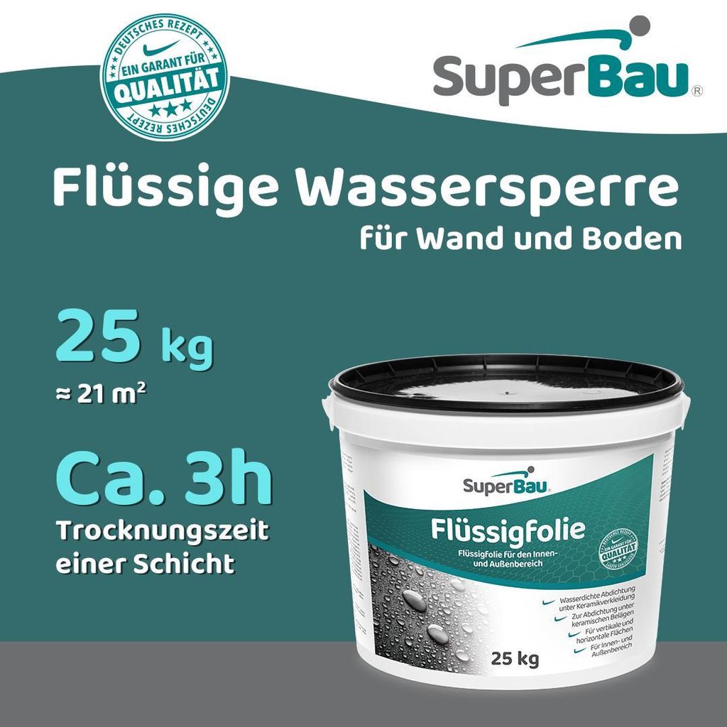 Superbau Flüssigfolie Bad & Dusche 25 kg - Dichtfolie Außenbereich & Innen, Abdichtung Badezimmer, Lösemittelfrei, Abdichtfolie Wasserdicht Blau