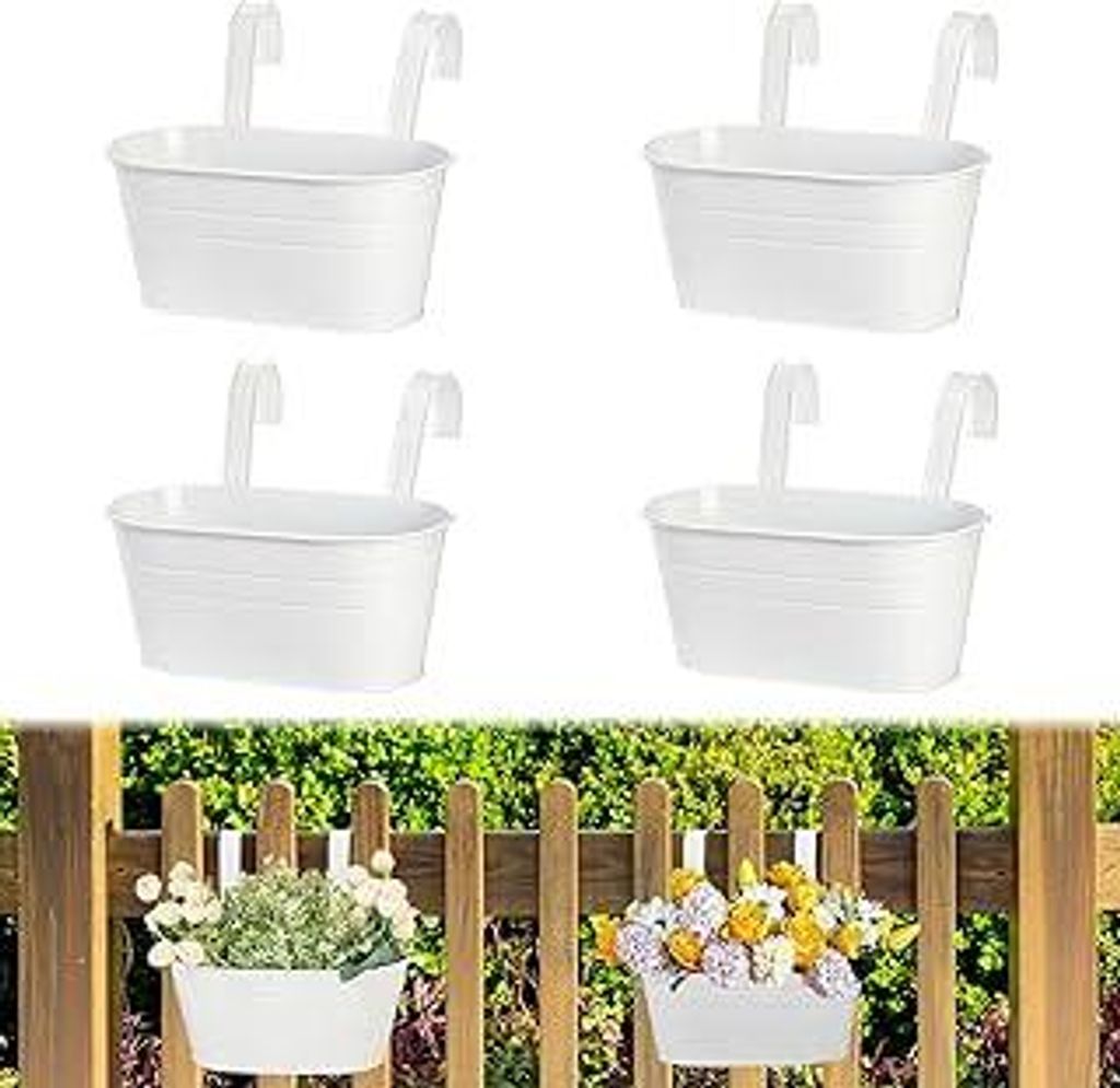 4 Stück Metall Blumentopf Hängend, Groß Hängetopf für Pflanzen, 27cm Blumentöpfe zum Aufhängen, Mit Abflussloch, für Balkonzäune, Gartende...