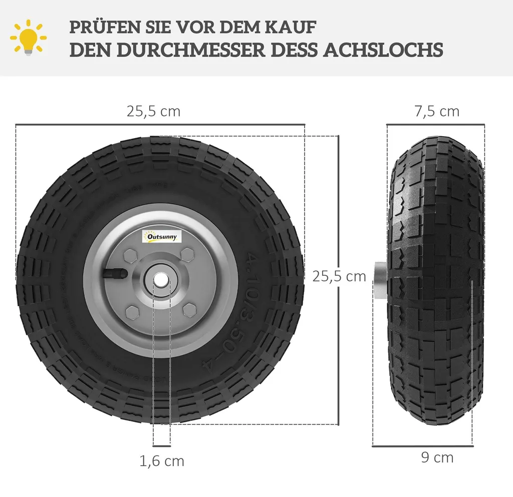 4 Roues de brouette increvables en caoutchouc plein Ø 255 mm