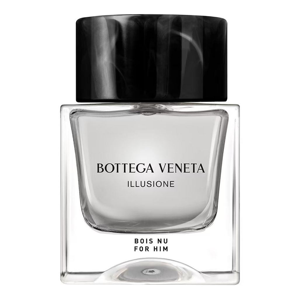 A clear studio shot of a Bottega Veneta Illusione Bois Nu Eau de Toilette bottle.