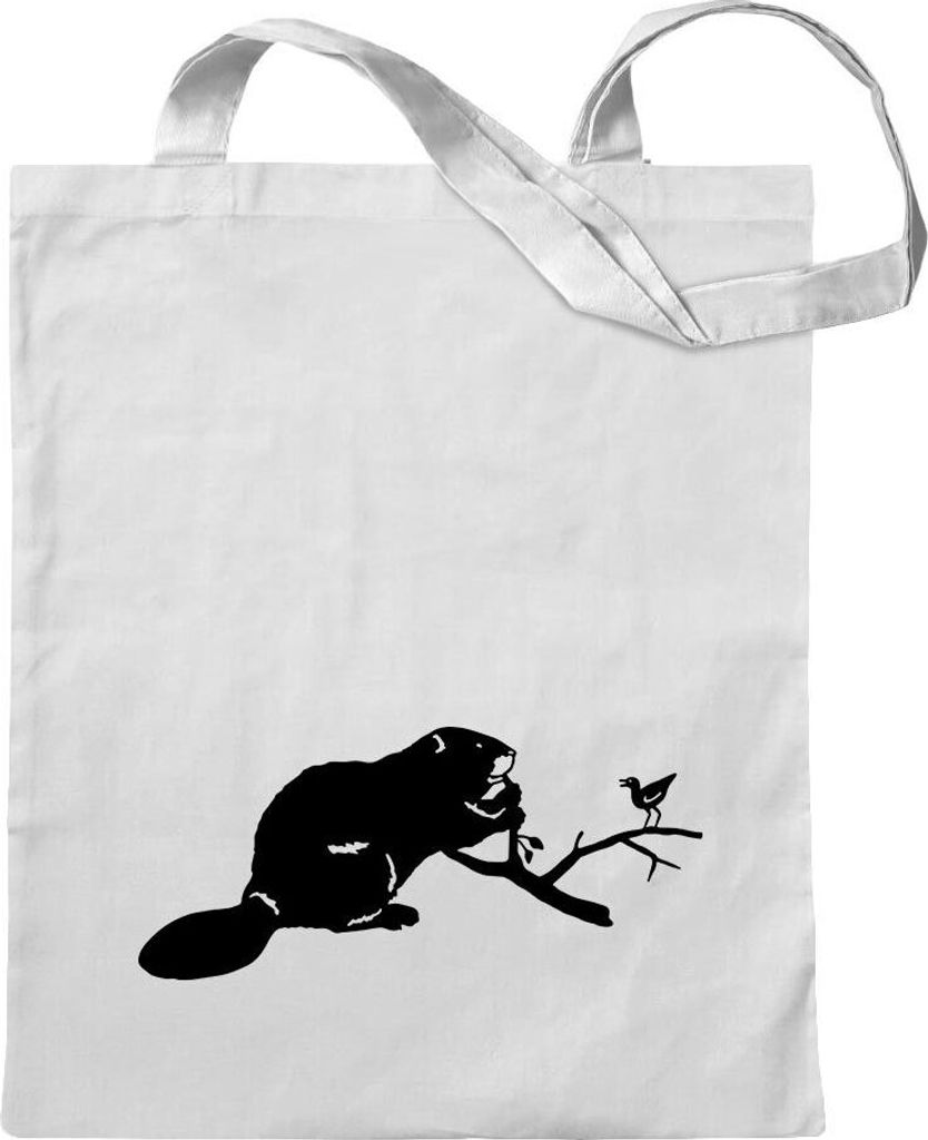 Kiwistar - Baumwolltasche - weiss - Biber - Nutria - Biberratte - Tragetasche Stoffbeutel Umhängetasche langer Henkel