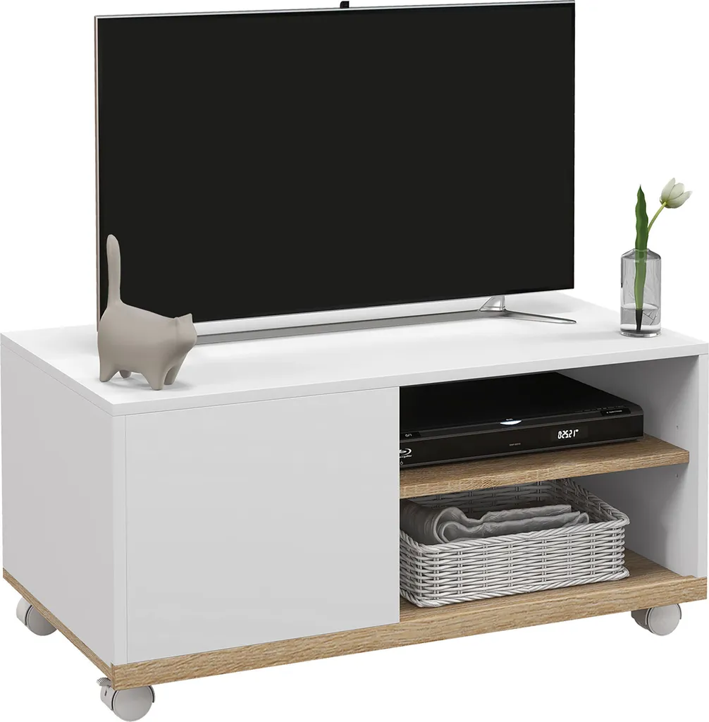 Meuble TV Scandinave à Roulettes - Support Vidéo avec 2 Passe-câbles