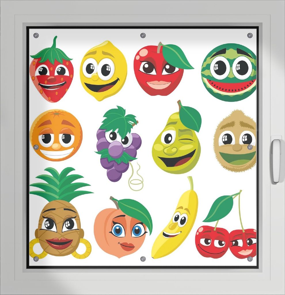 Wallario Lichtschutzbild, Dekorativer Sichtschutz Sonnenschutz 96 x 100 cm mit Motiv: Obst-Smilies im Comic-Stil - Lustige Früchte - Verdunklung o...