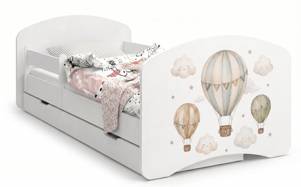Kinderbett 140x70 cm Weiß | Motiv Bär & Hase mit Regenbogen | Komplett-Set inkl. Matratze & Schublade