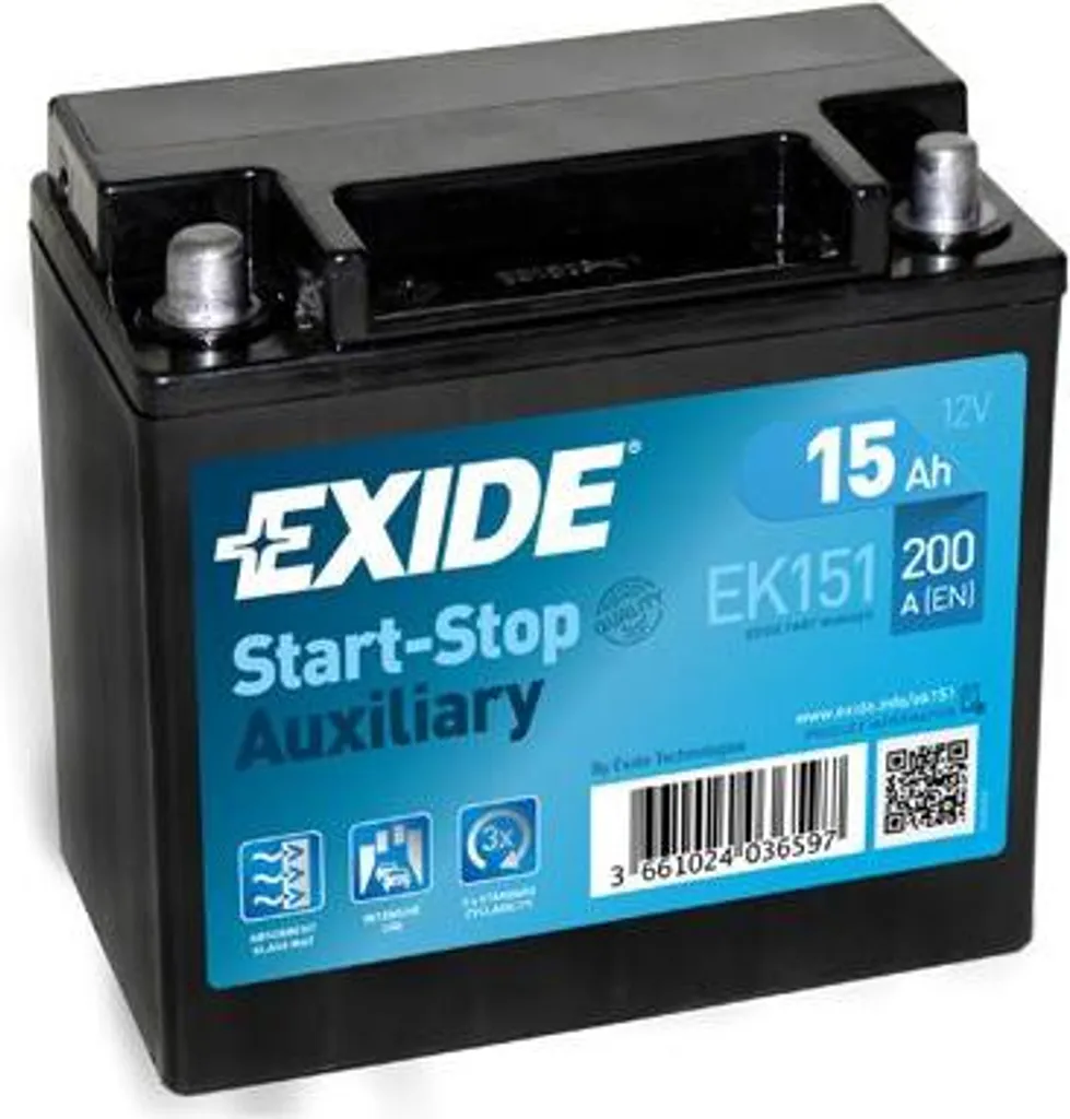 Batteria di avviamento EXIDE EK151 Start-Stop OE CX2310C655AC compatibile con X6, F-Type, XF, XJ, Discovery, Evoque, Range Rover