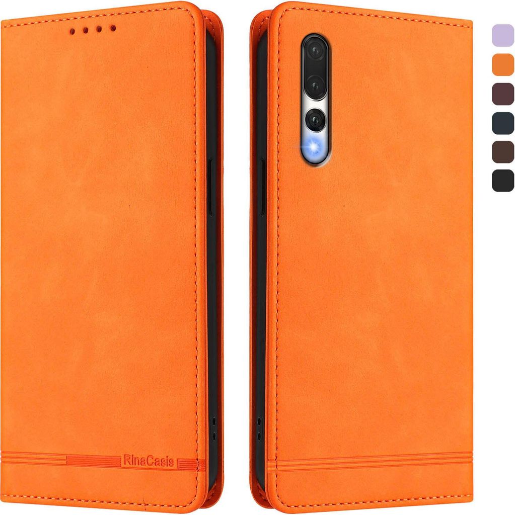 Hülle für Huawei P20 Pro, Retro Kunstleder Ständer Klapphülle mit Kartenfächer und Magnetische Orange
