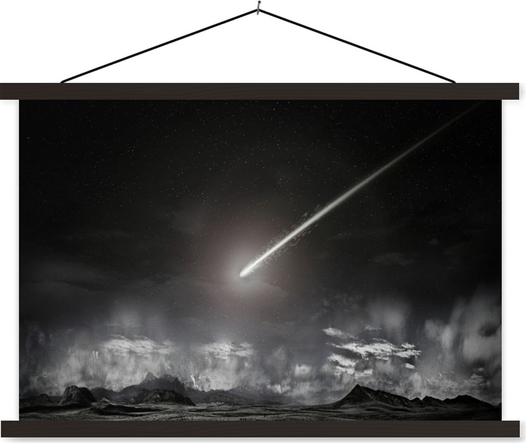 MuchoWow Textilposter Ein Komet über einer fernen Landschaft 90x60 cm mit schwarzem Rahmen - Aufhängungssatz