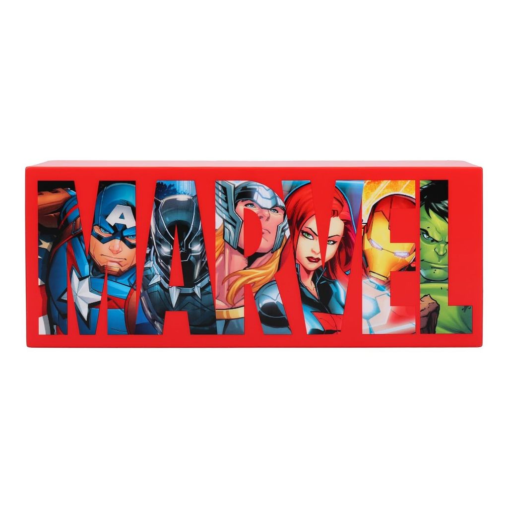 The Marvel logo is displayed in red, with images of various Avengers characters filling the letters.