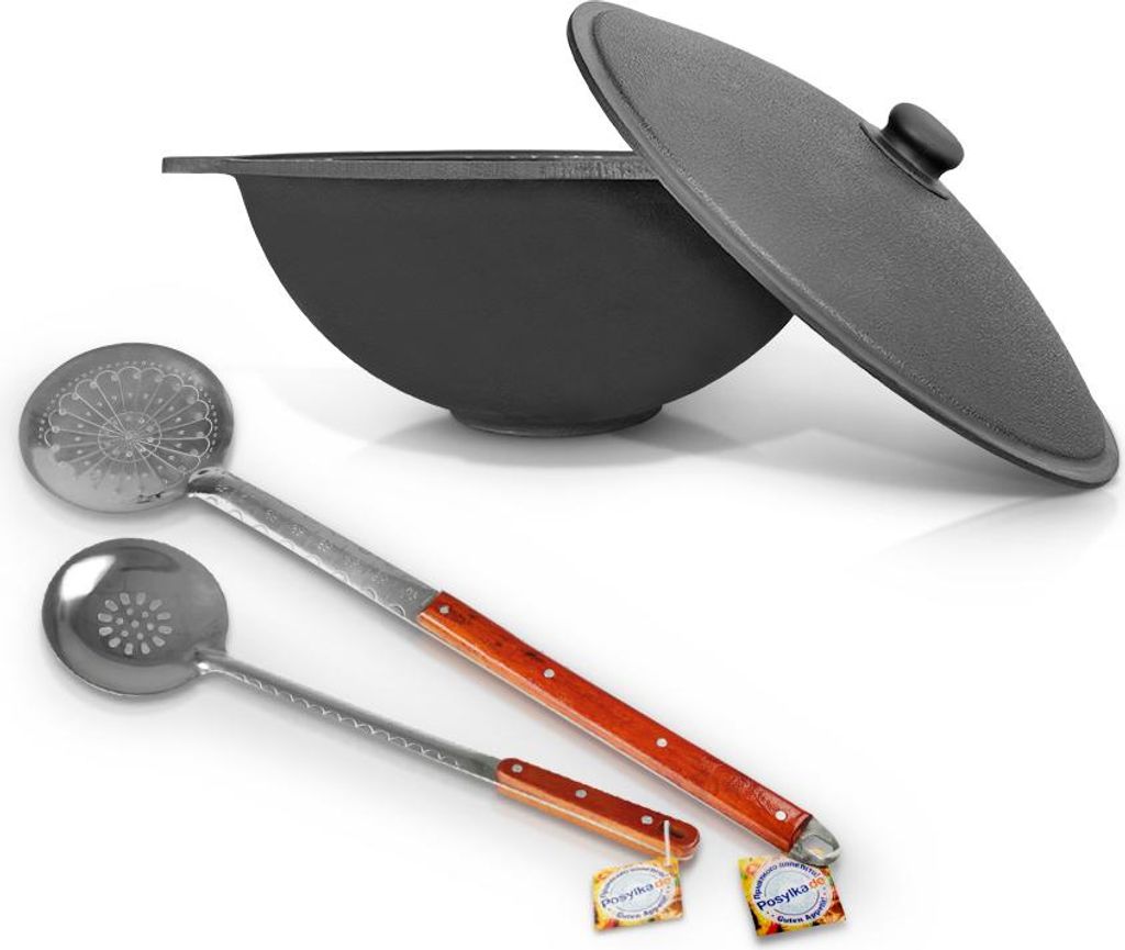 22 L Gusseisen Kazan mit 2x Schaumlöffel für Plov Uzbekisch Kochtopf WOK